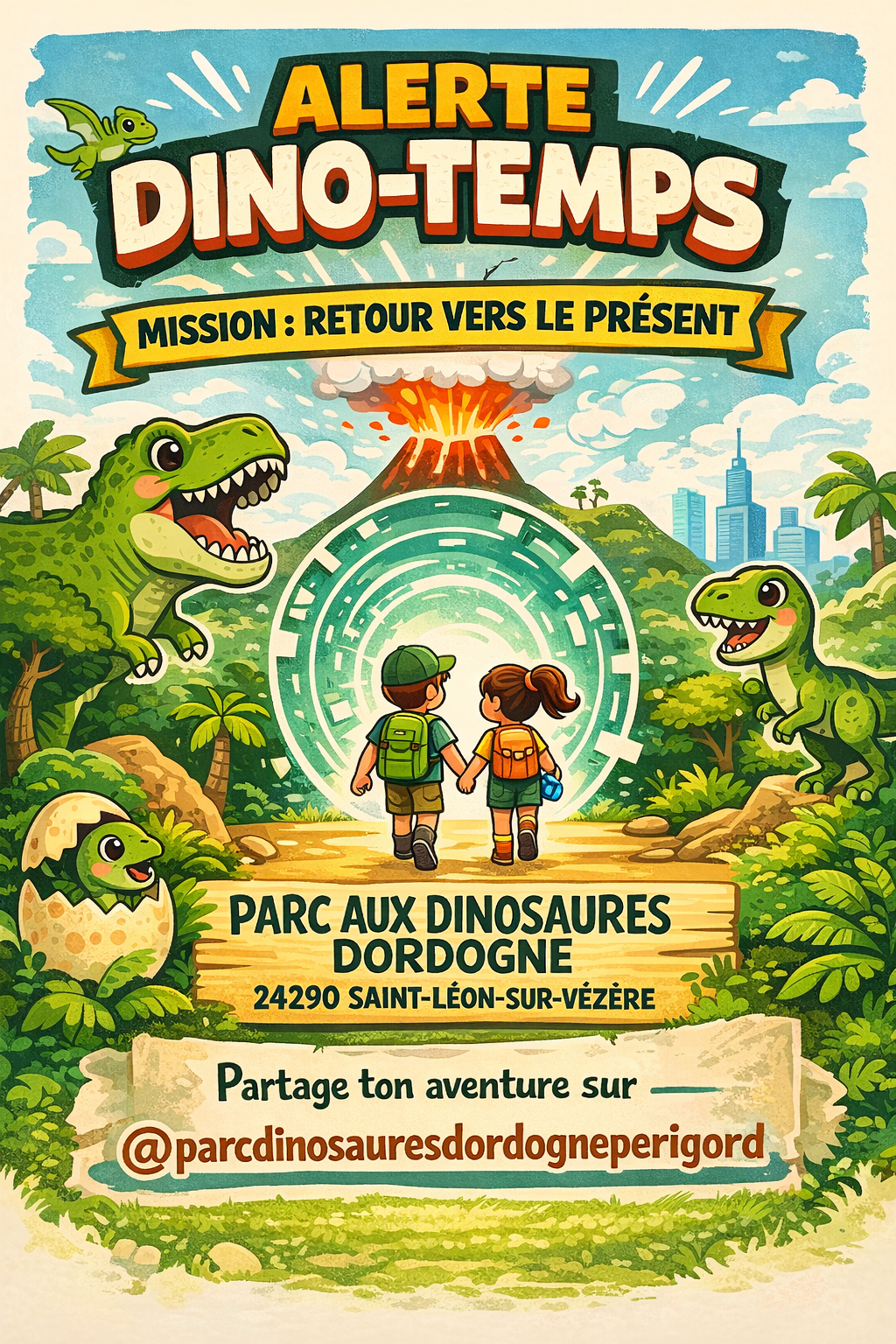 Affiche du jeu de piste Alerte Dino-Temps au Parc aux Dinosaures Dordogne